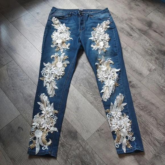 Venus Women's Floral And Pearl Embellished Skinny Jeans Size 16 - Picture 14 of 14